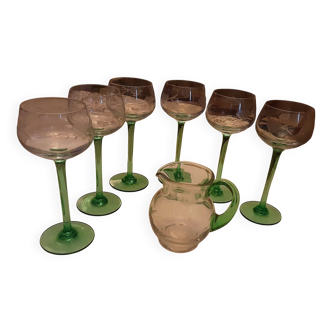 6 green-footed white wine glasses from alsace with grape clusters design