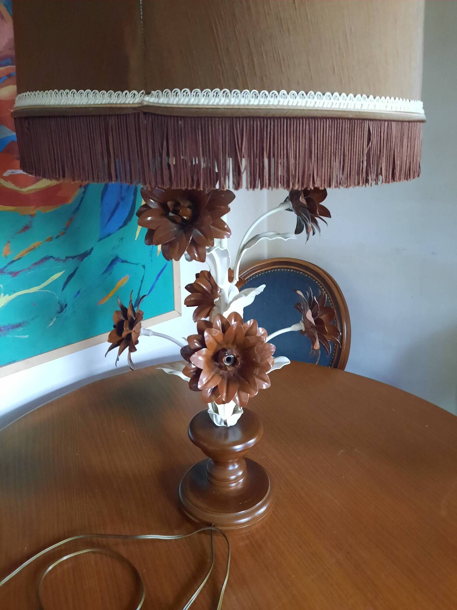 Large lamp from the 70s-80s with a silk shade.