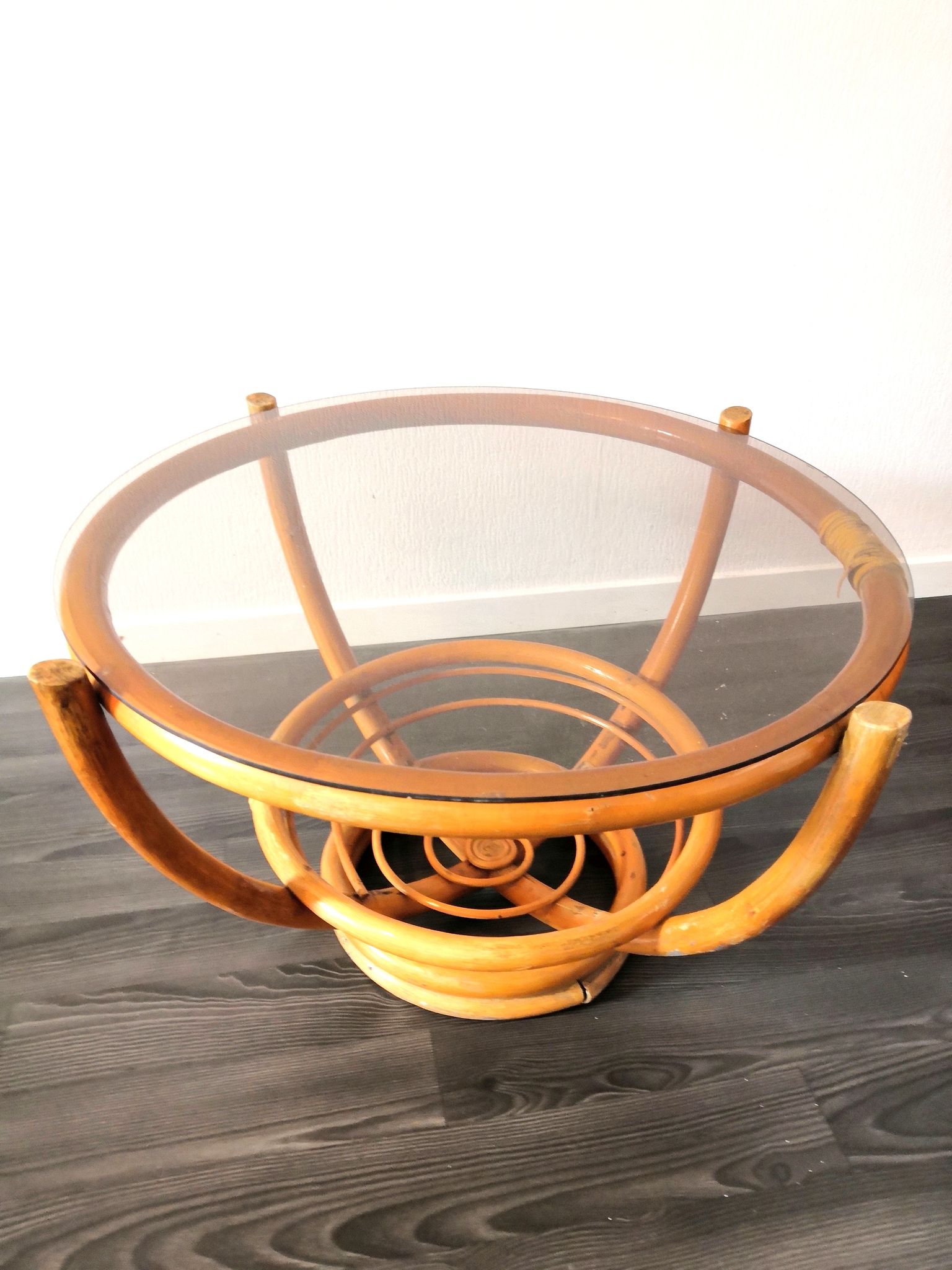 Table basse bambou et verre design années 60 - 70