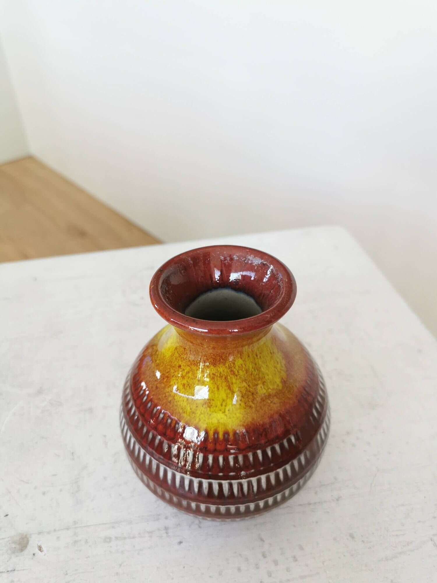 Vintage Scheurich Fat Lava Vase: West German Red & Yellow Pottery