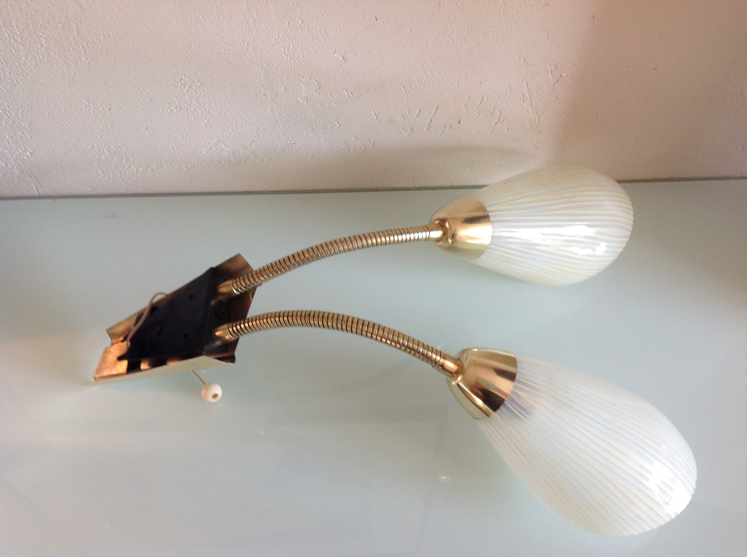 Double fire wall lamp in brass and glass cornet years 50/60