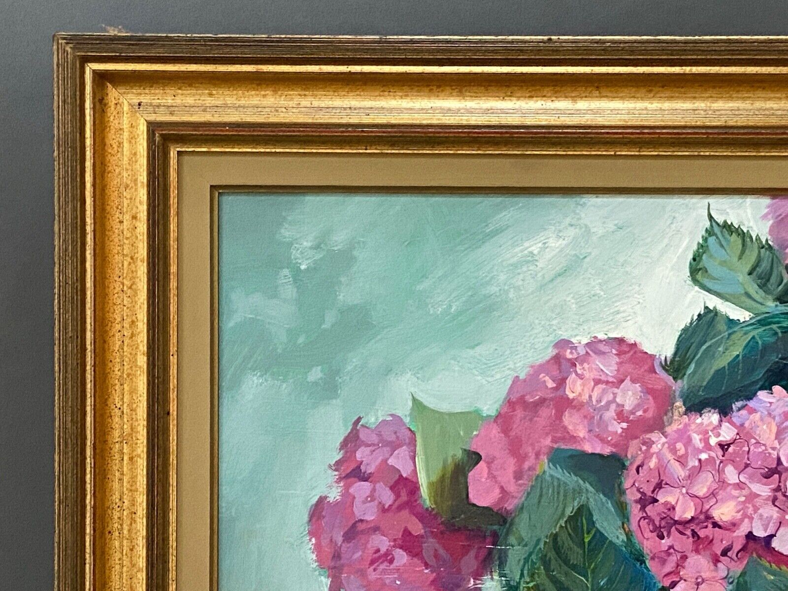 Huile sur toile par maurice masselin bouquet de fleurs d'hortensias 1989
