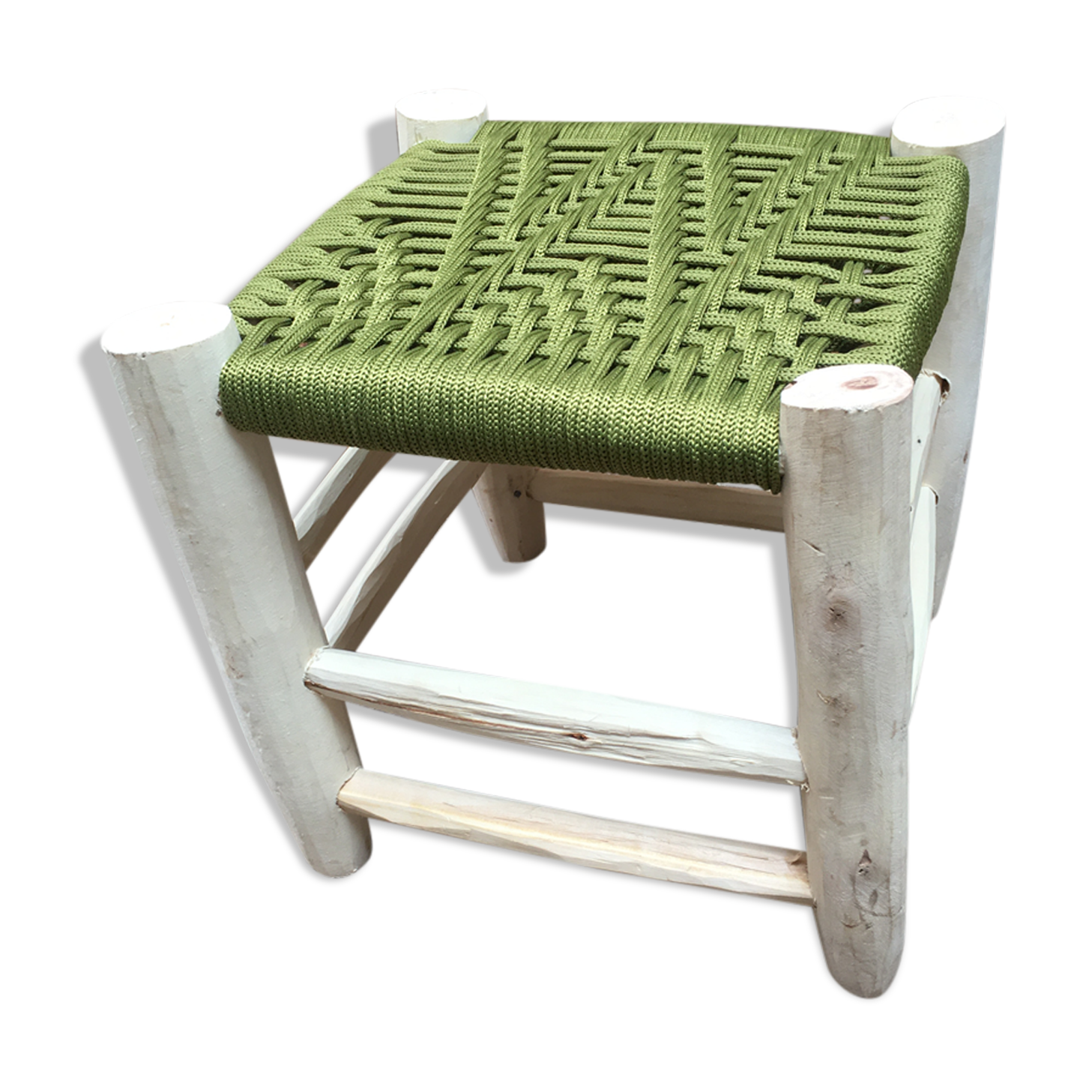 Traditional Moroccan stool in olive green nylon thread and Eucalyptus wood 02