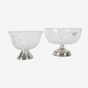 Two fruit crystal centerpiece cups with silver base