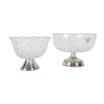 Two fruit crystal centerpiece cups with silver base