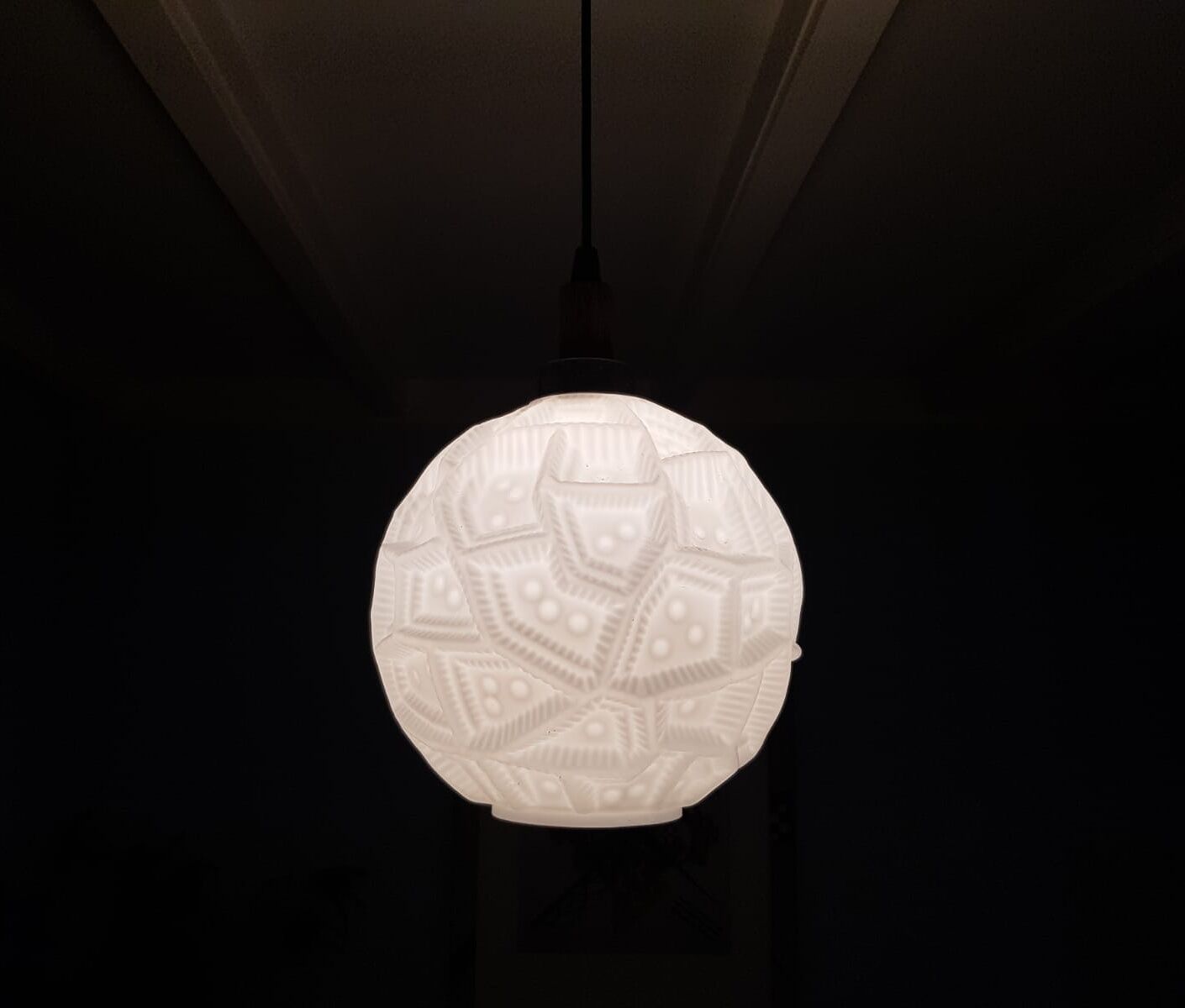 Glass sphere pendant light with teak, danish design, 70s