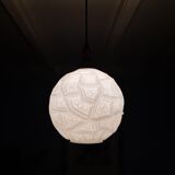 Glass sphere pendant light with teak, danish design, 70s