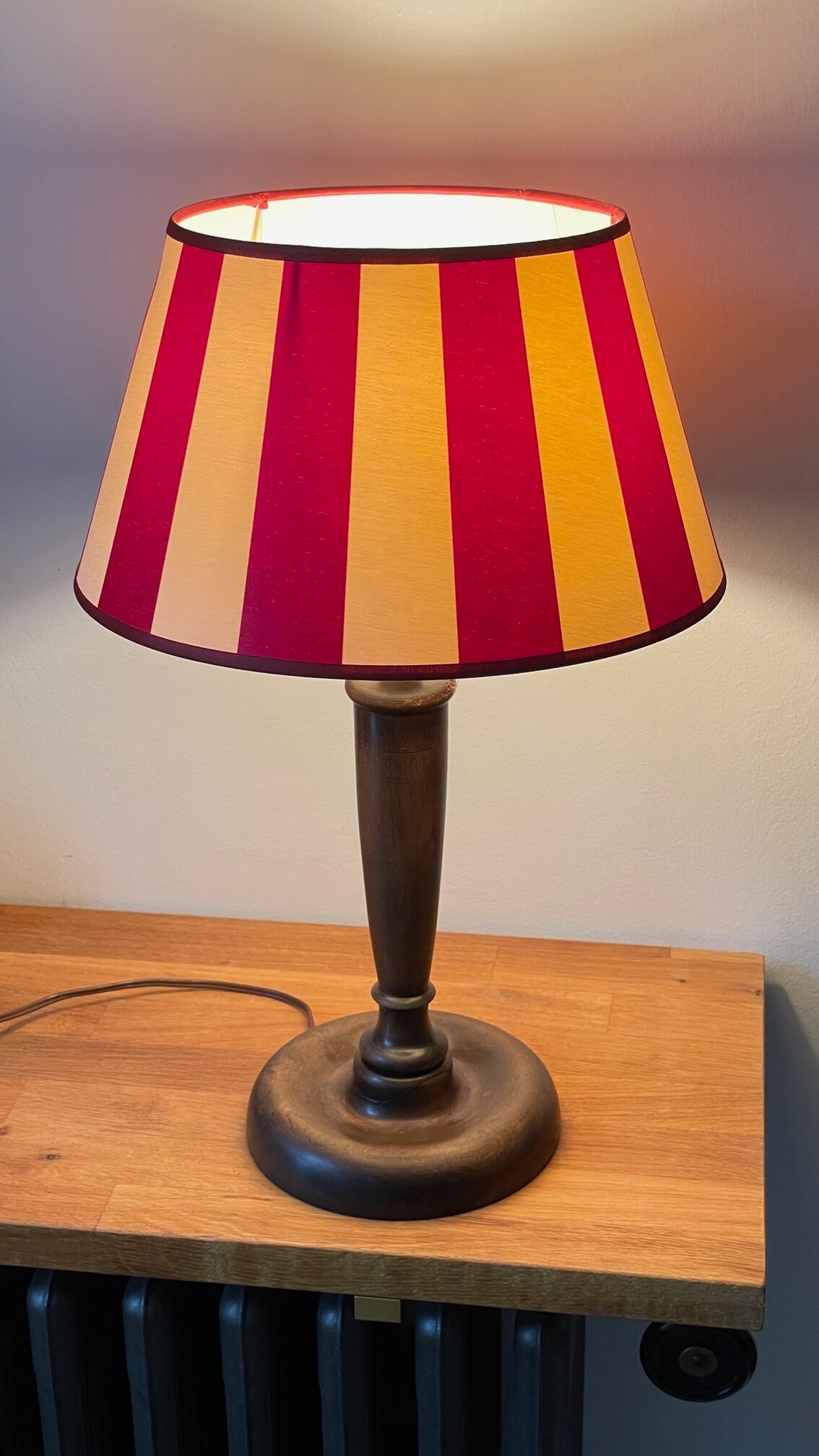 Wooden table lamp and striped lampshade