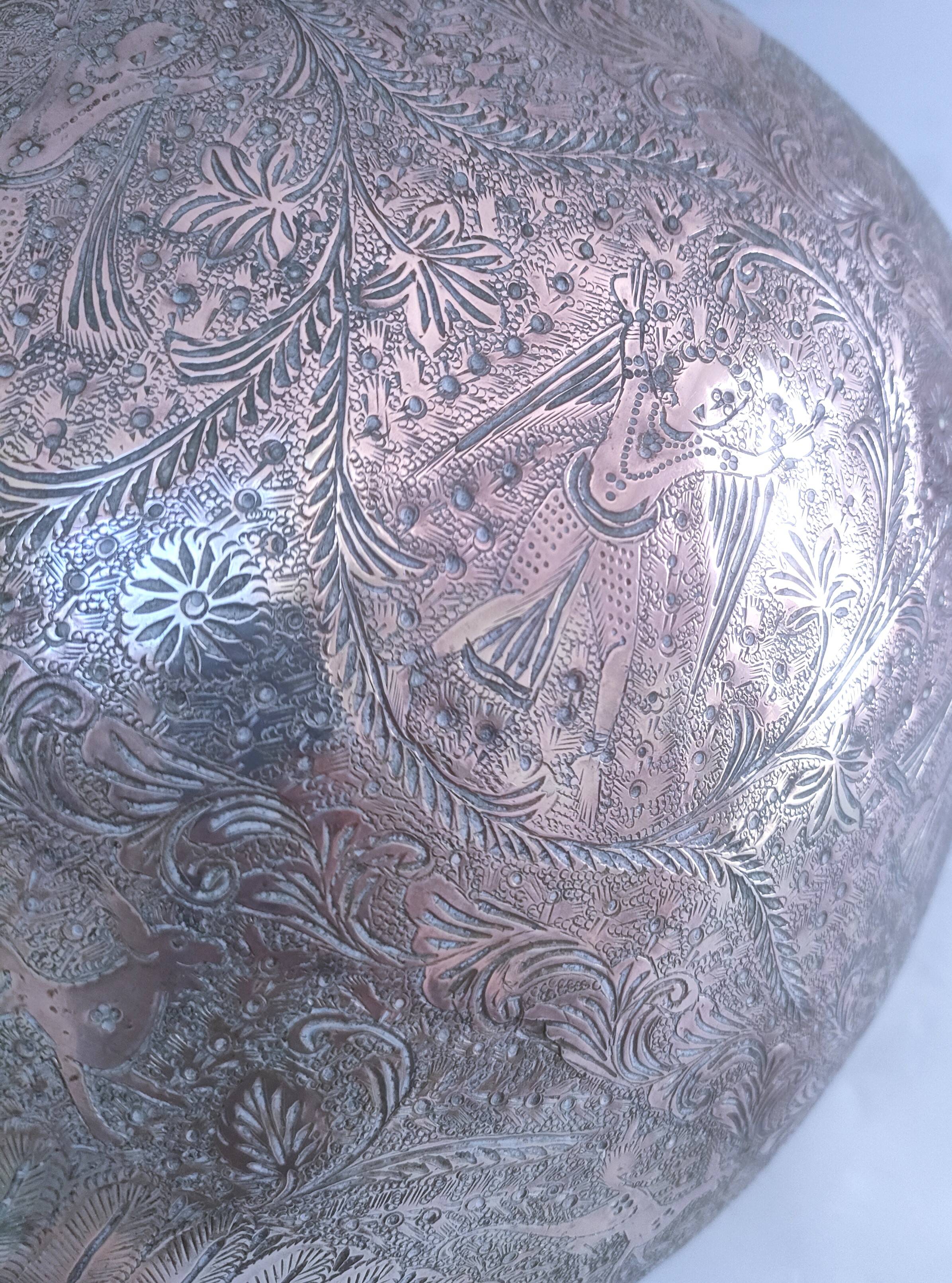 Solid brass pot cover engraved decor animal plant characters