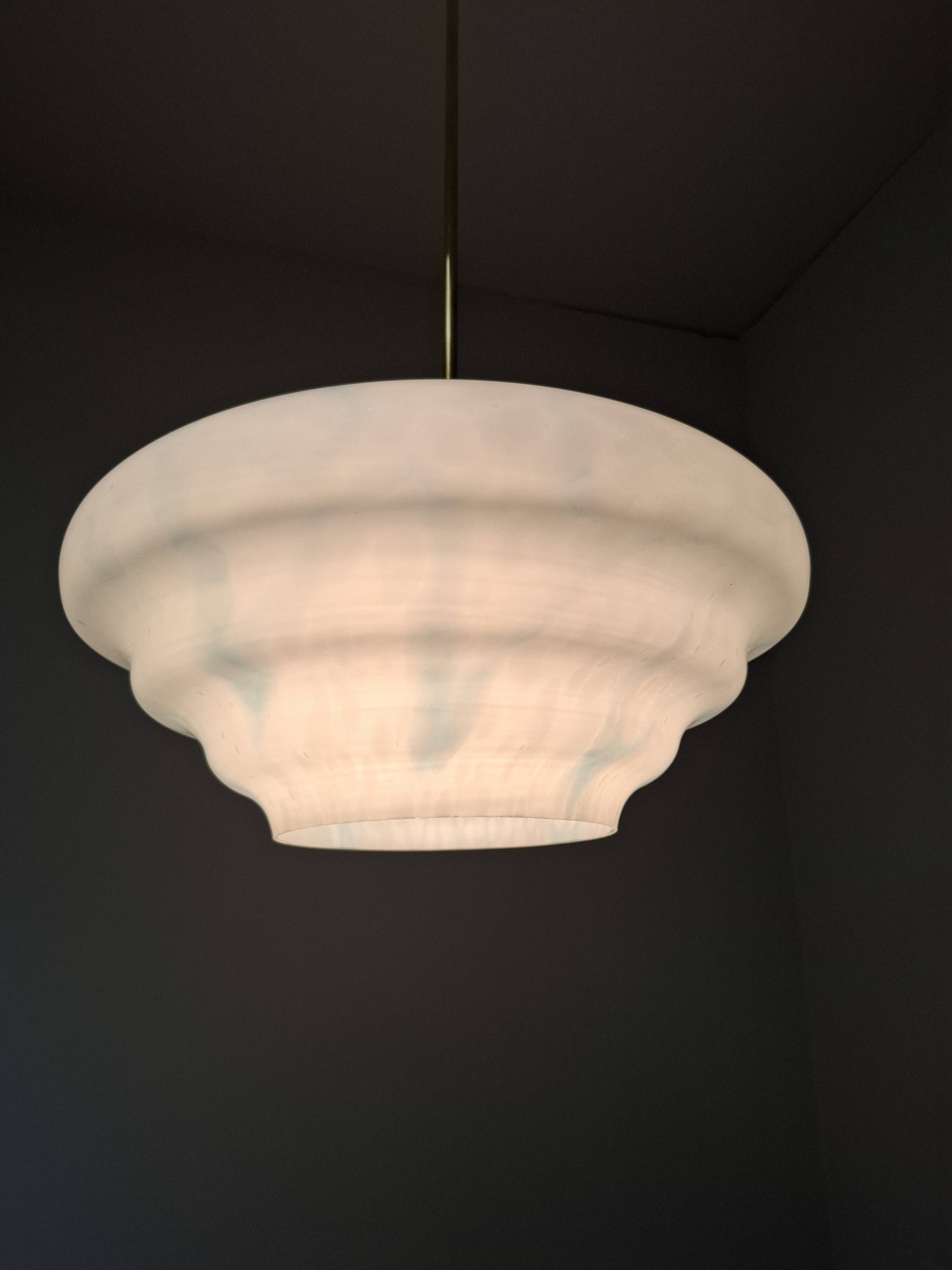 Napako Midcentury Modern Pendant Lamp in Opaline Glass and Brass, Czechoslovakia
