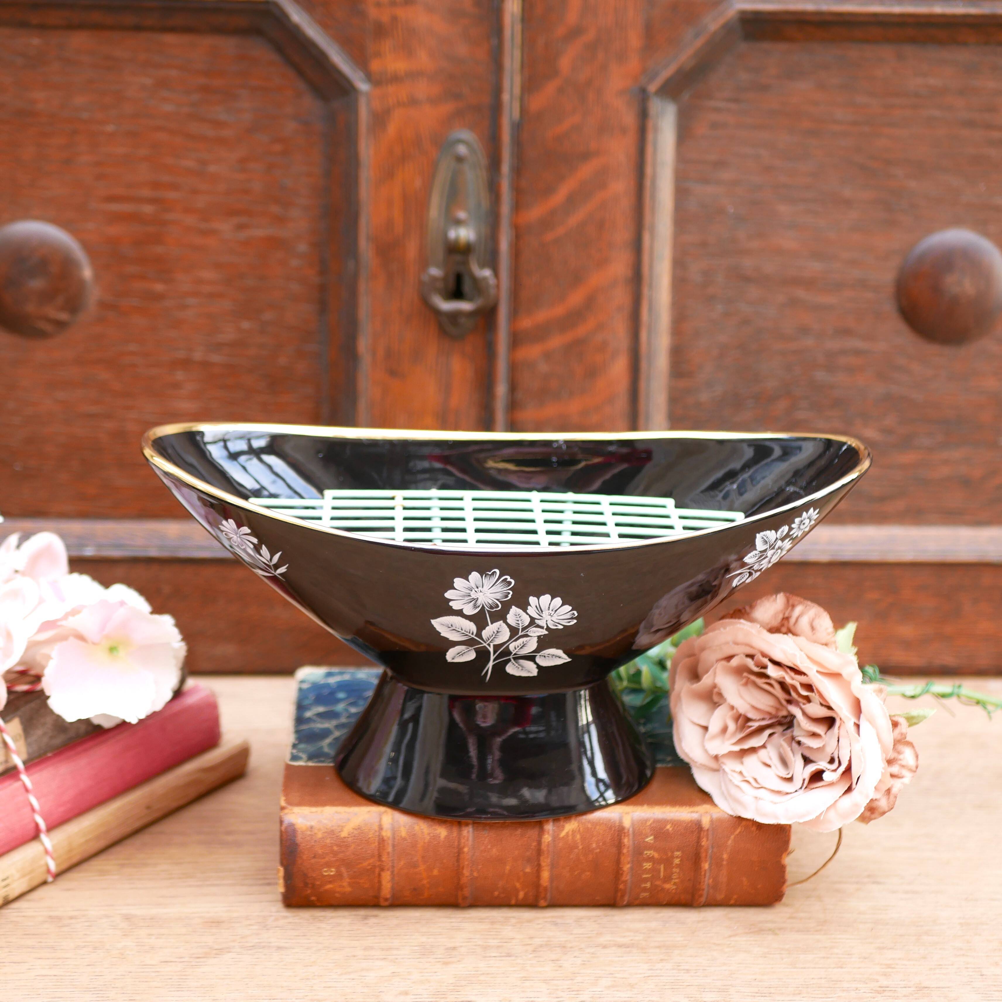 Vintage Wade Black boat vase with floral pattern and metal stand