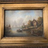 Old painting River landscape with village scene signed