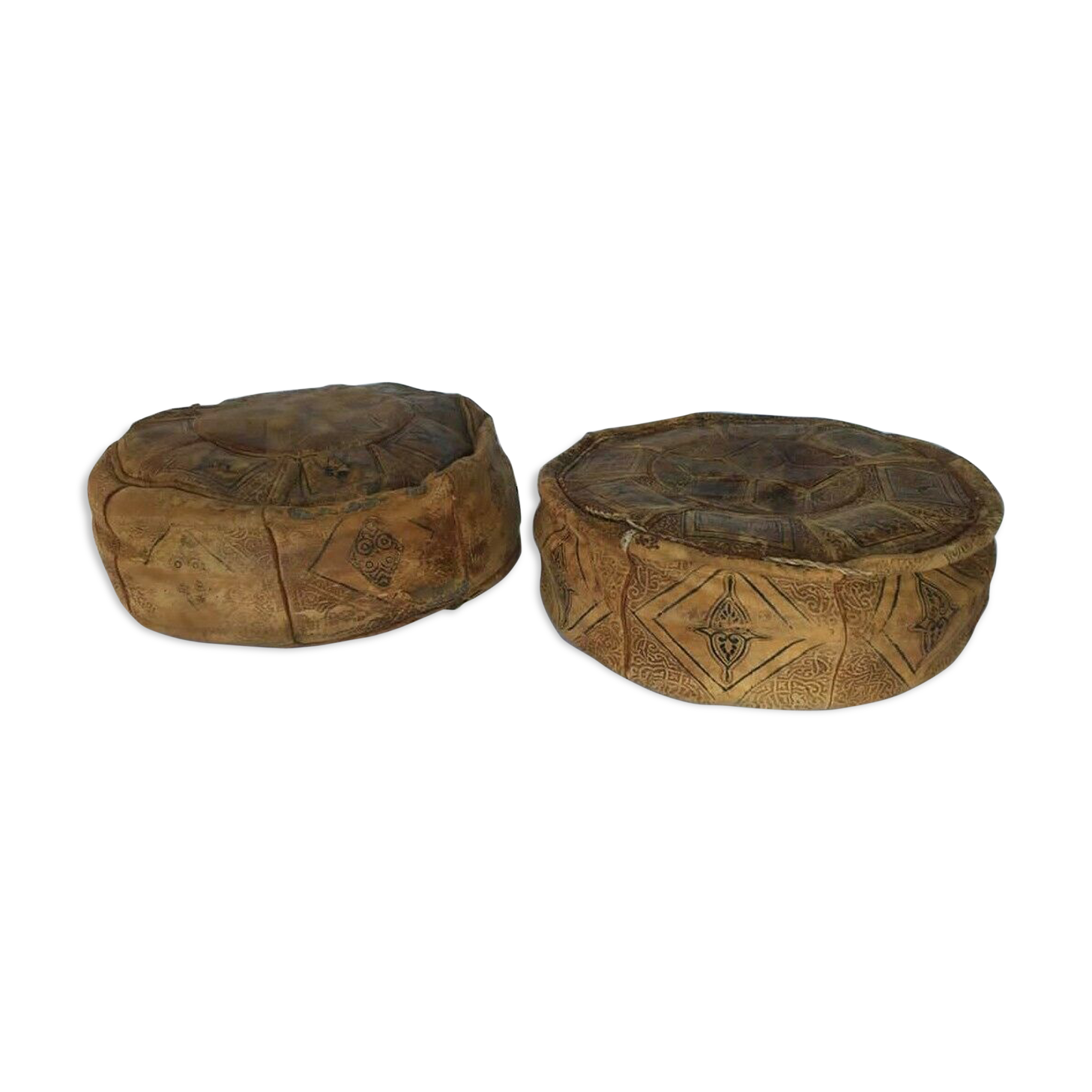 Pair of moroccan leather beanbags beautiful patina patina 1900