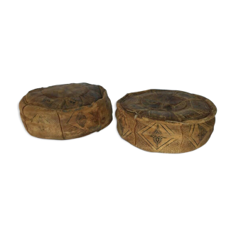 Pair of moroccan leather beanbags beautiful patina patina 1900