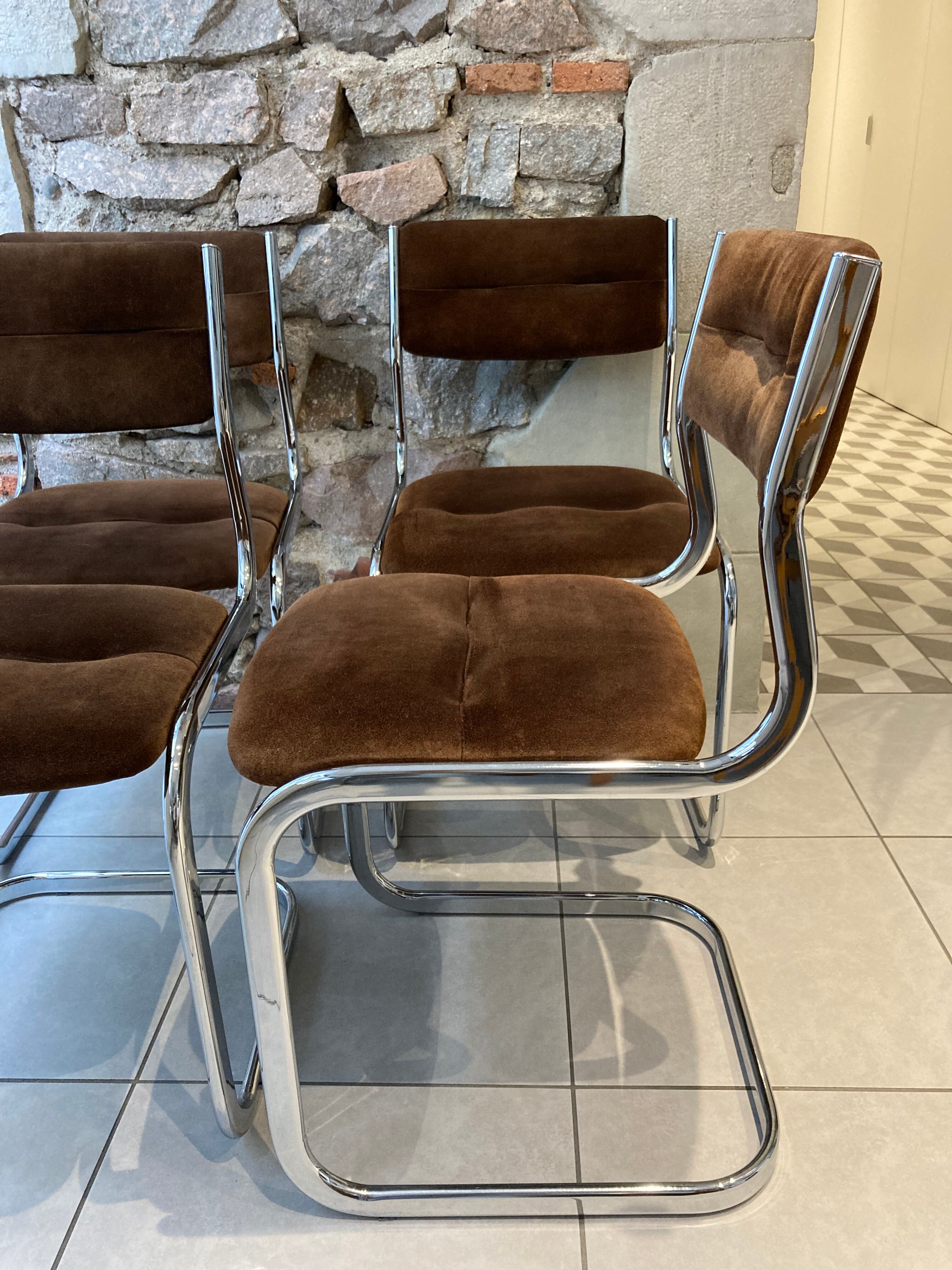 Set of 4 chairs chrome and suede 70s