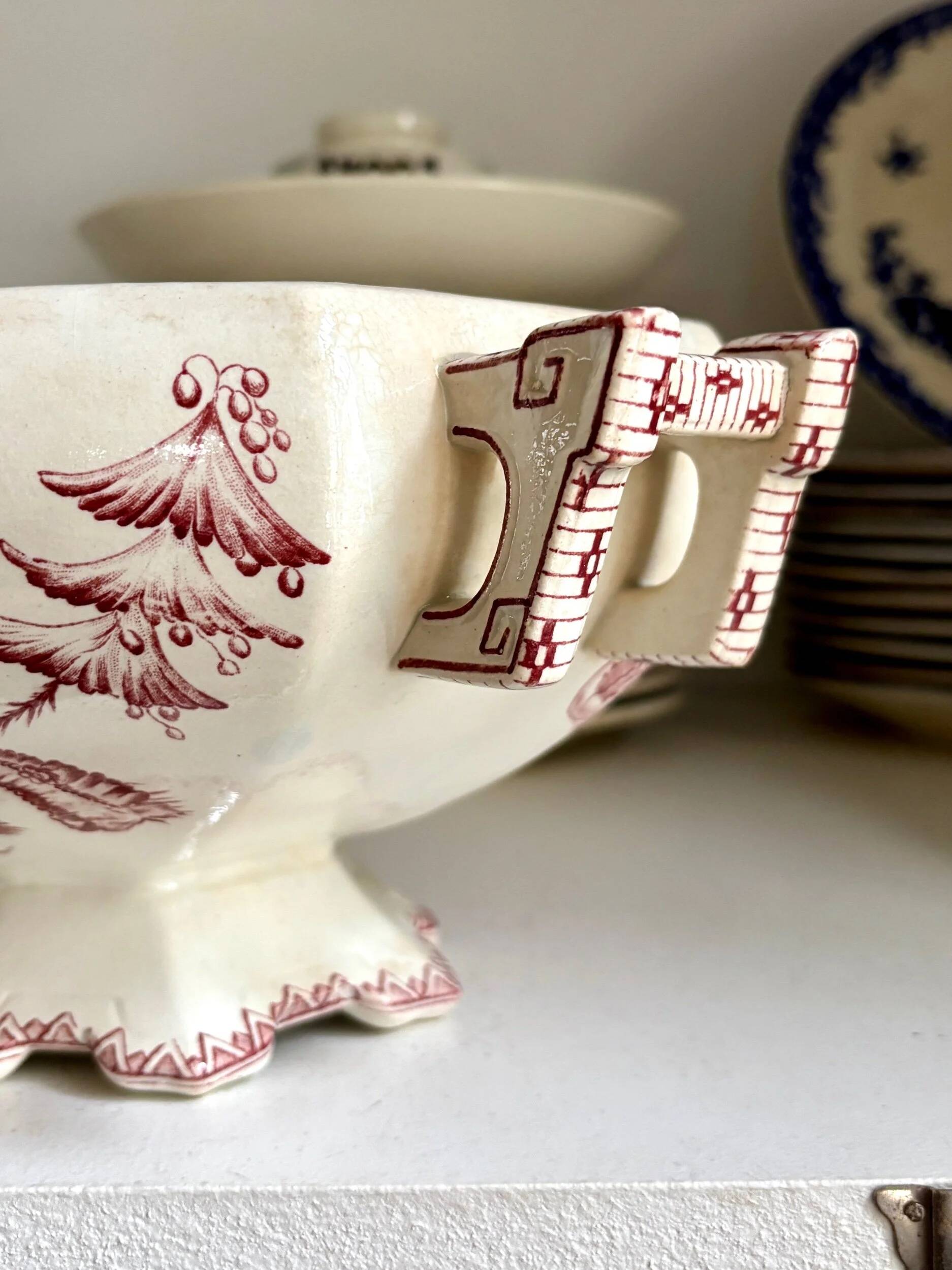 Soup tureen, earthenware salad bowl Clairefontaine, "Indiana" service.