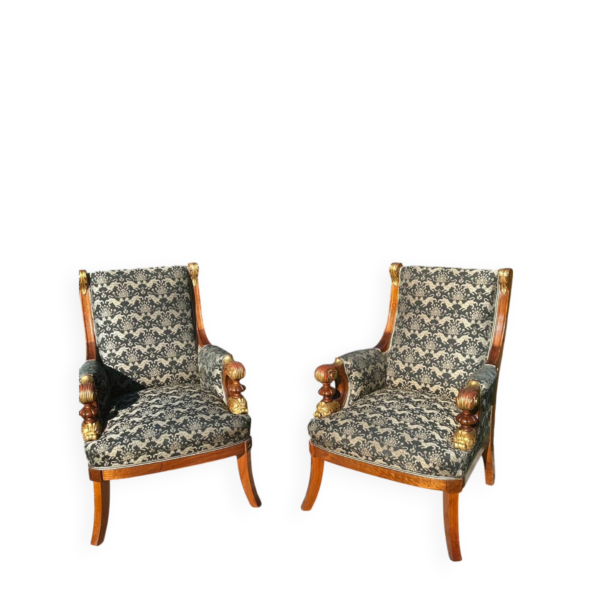 Pair of Mahogany Bergère Armchairs with Chimera Motifs, 19th Century