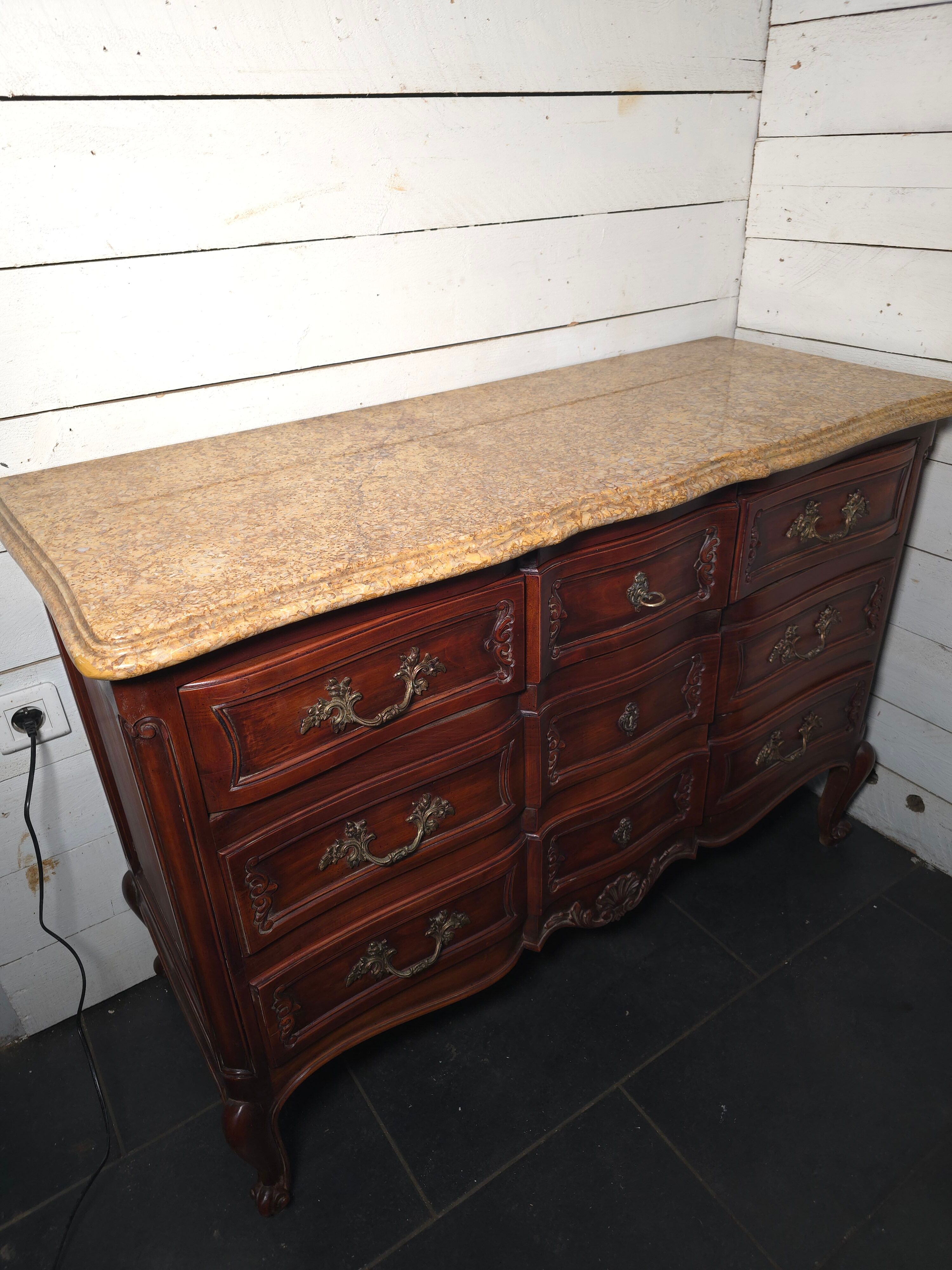 Crossbow commode in solid cherry wood, Louis XV style with marble top.