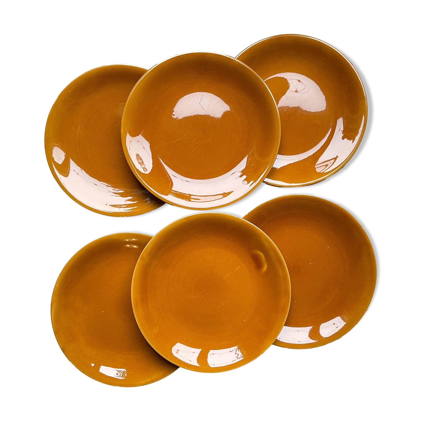 6 Vintage Longchamp amber earthenware plates, France 1970
