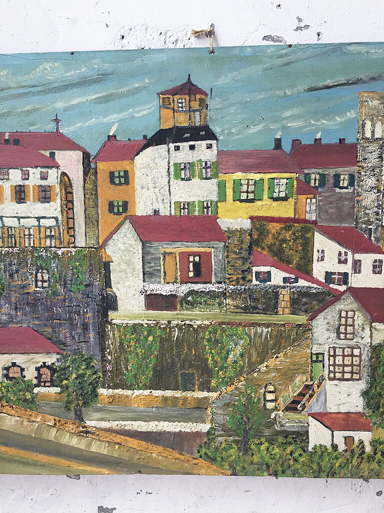 Huile sur bois « ville » Bernier