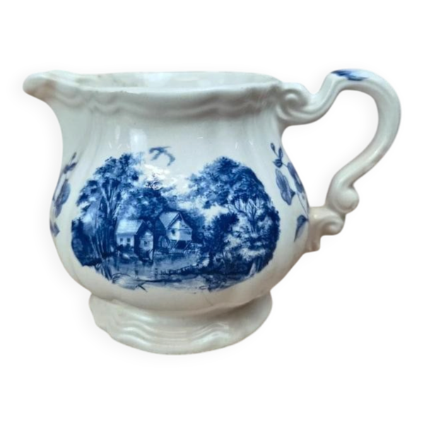 Pichet / pot à lait Sarreguemines Romantique bleu – décor champêtre – faïence vintage