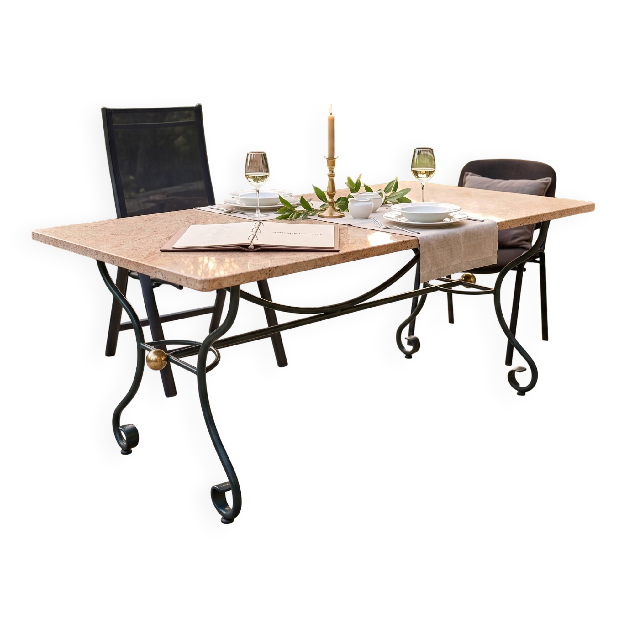 Table de jardin haut de gamme en granit Shivakashi et fer forgé Montségur