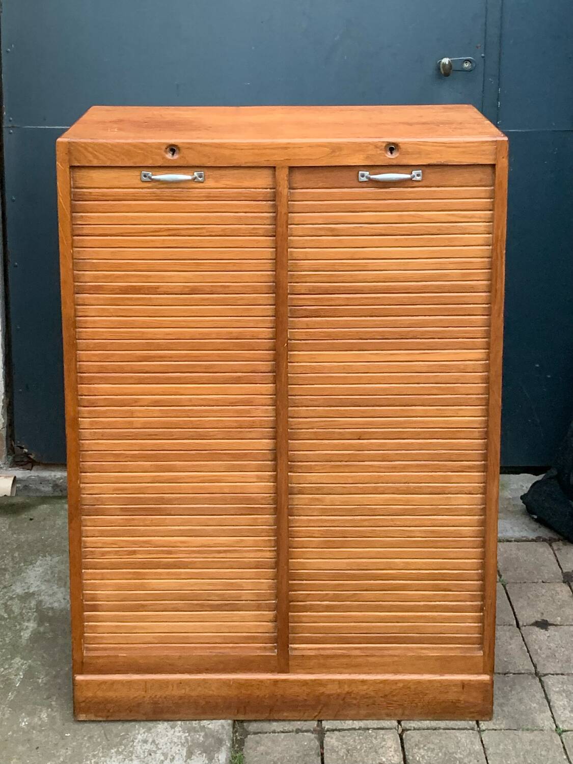 Antique oak tambour door filing cabinet, H120