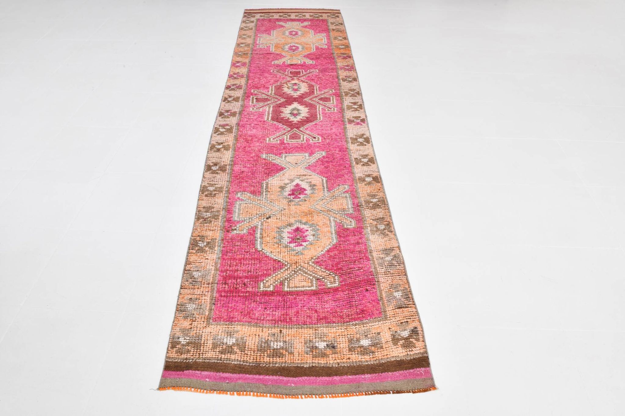 3x11 Vintage Pink & Brown Turkish Runner Rug, 87x339Cm