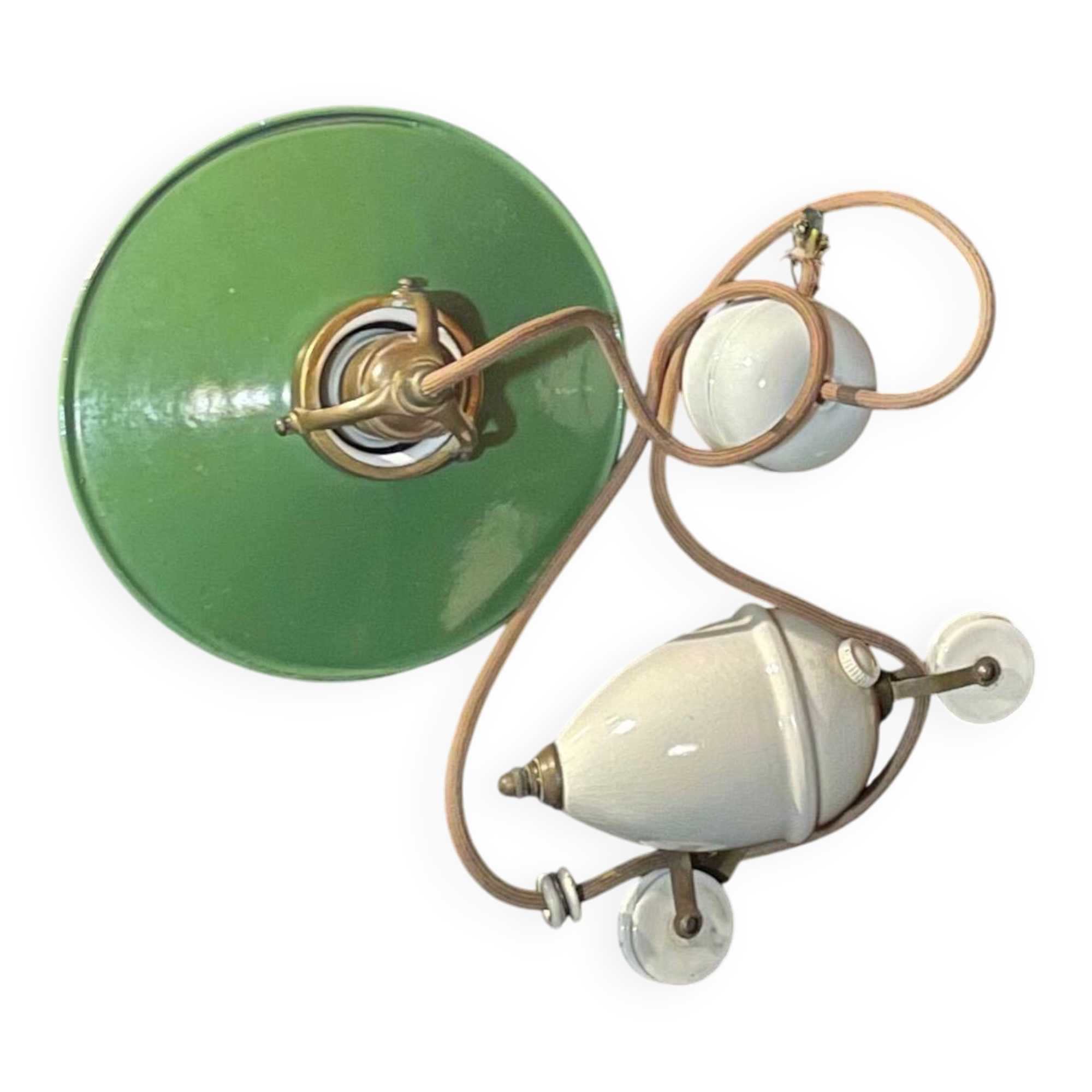 Suspension ancienne avec contre-poids, abat-jour en métal et porcelaine
