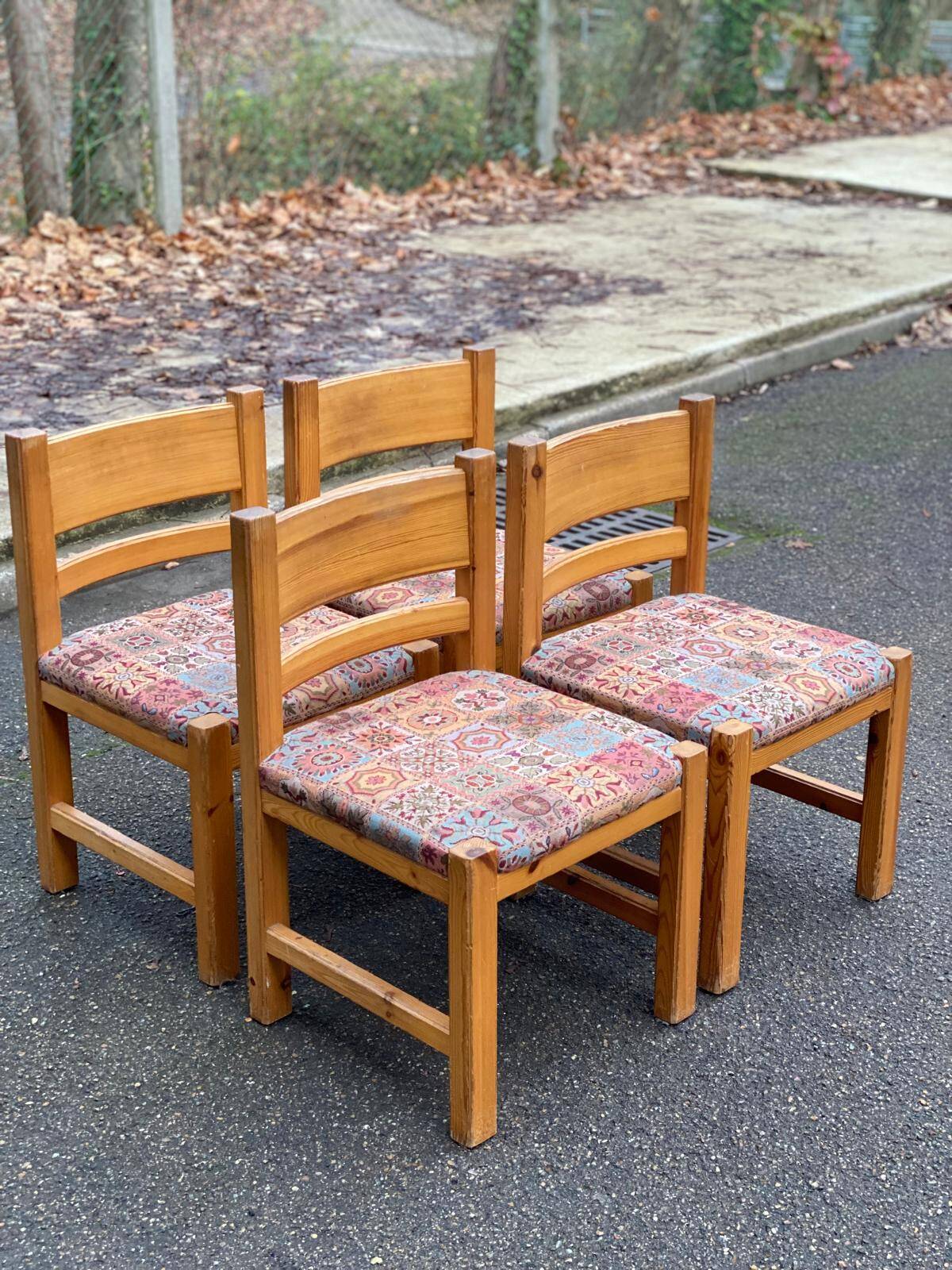 4 Scandinavian Brutalist chairs from Maison Regain, solid wood and floral fabric