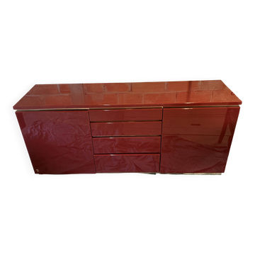 Burgundy lacquered vintage enfilade and brass by Eric Maville