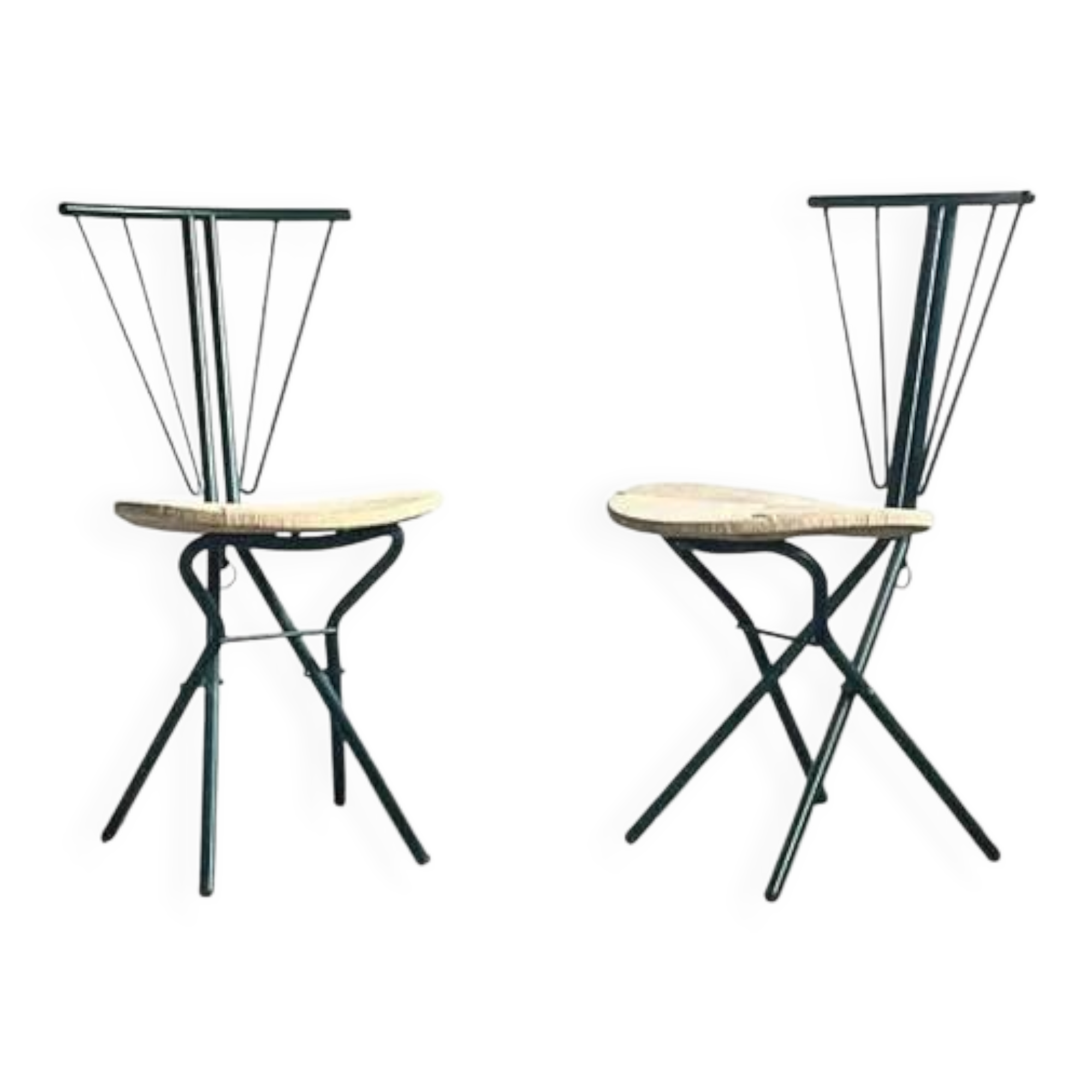 LaPalma folding chairs set of 2, dark green metal & woven cord, Italy, 1970s