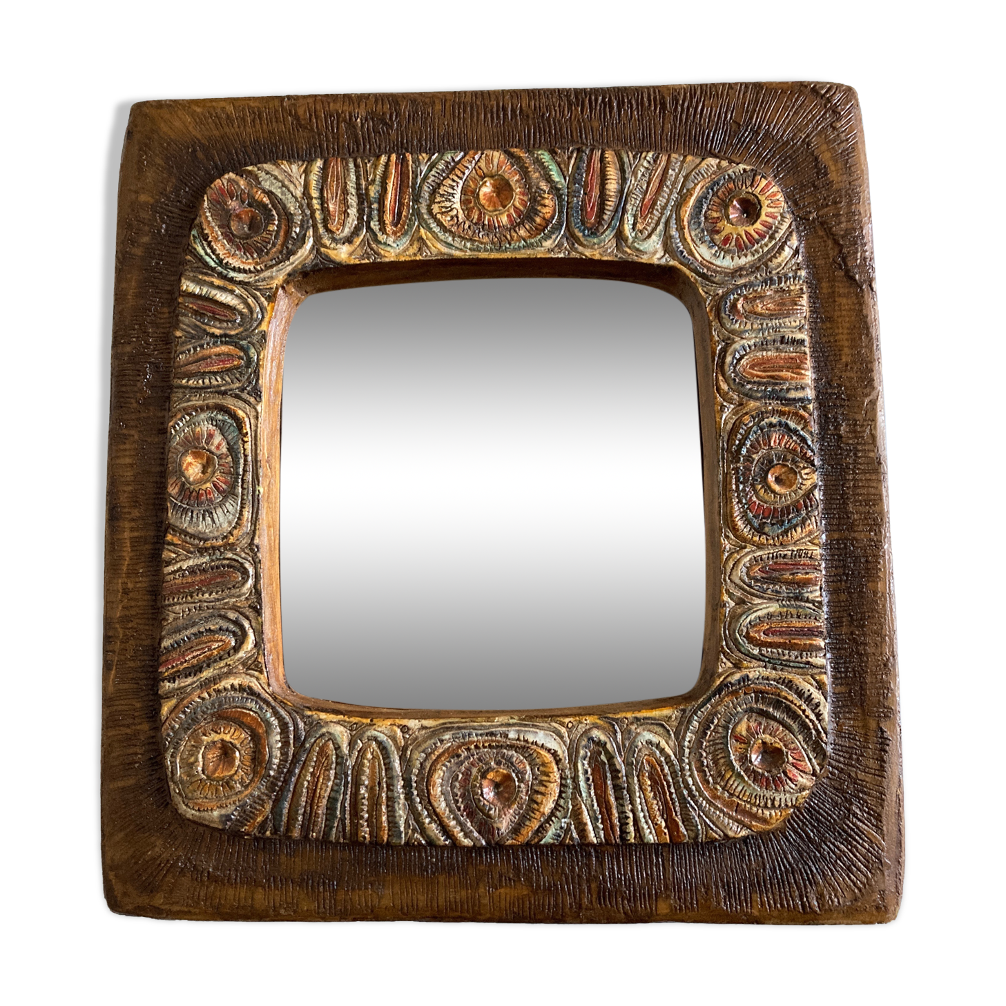 Arts & crafts 1970 mirror in incised resin