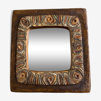 Arts & crafts 1970 mirror in incised resin