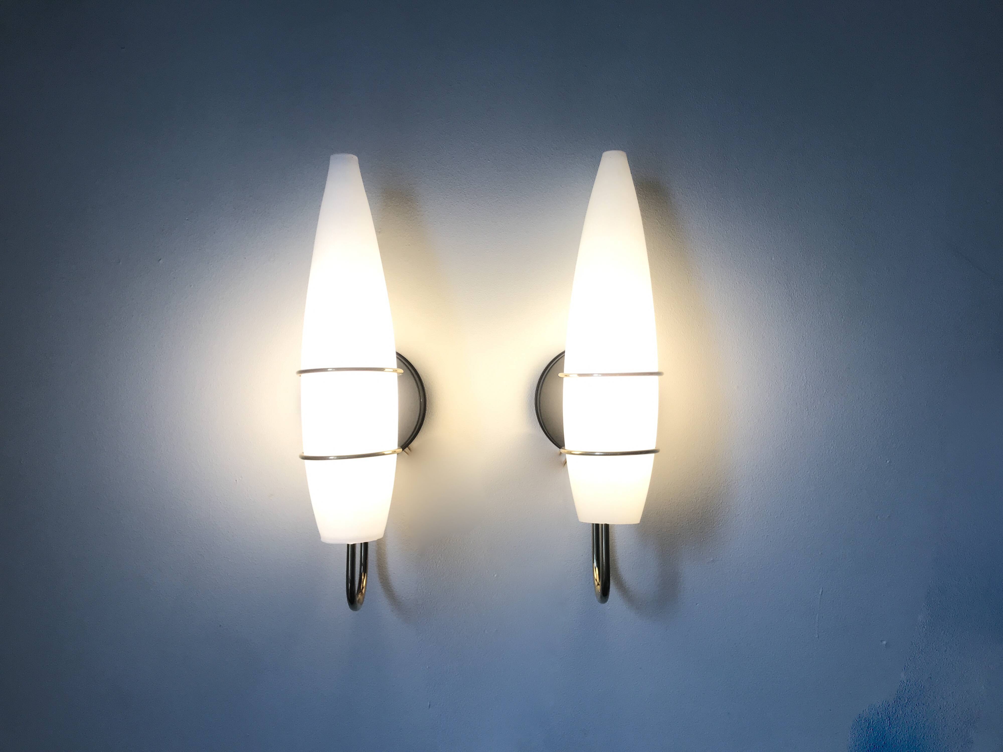 Pair of modernist wall lights in opaline brass white flame 1960 vintage minimalist