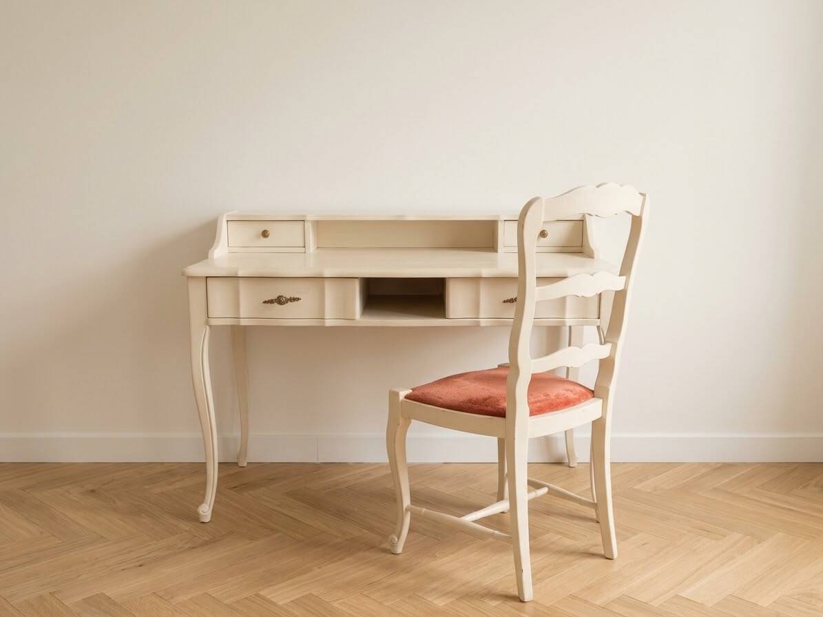 Ensemble bureau secrétaire rétro et sa chaise en bois beige