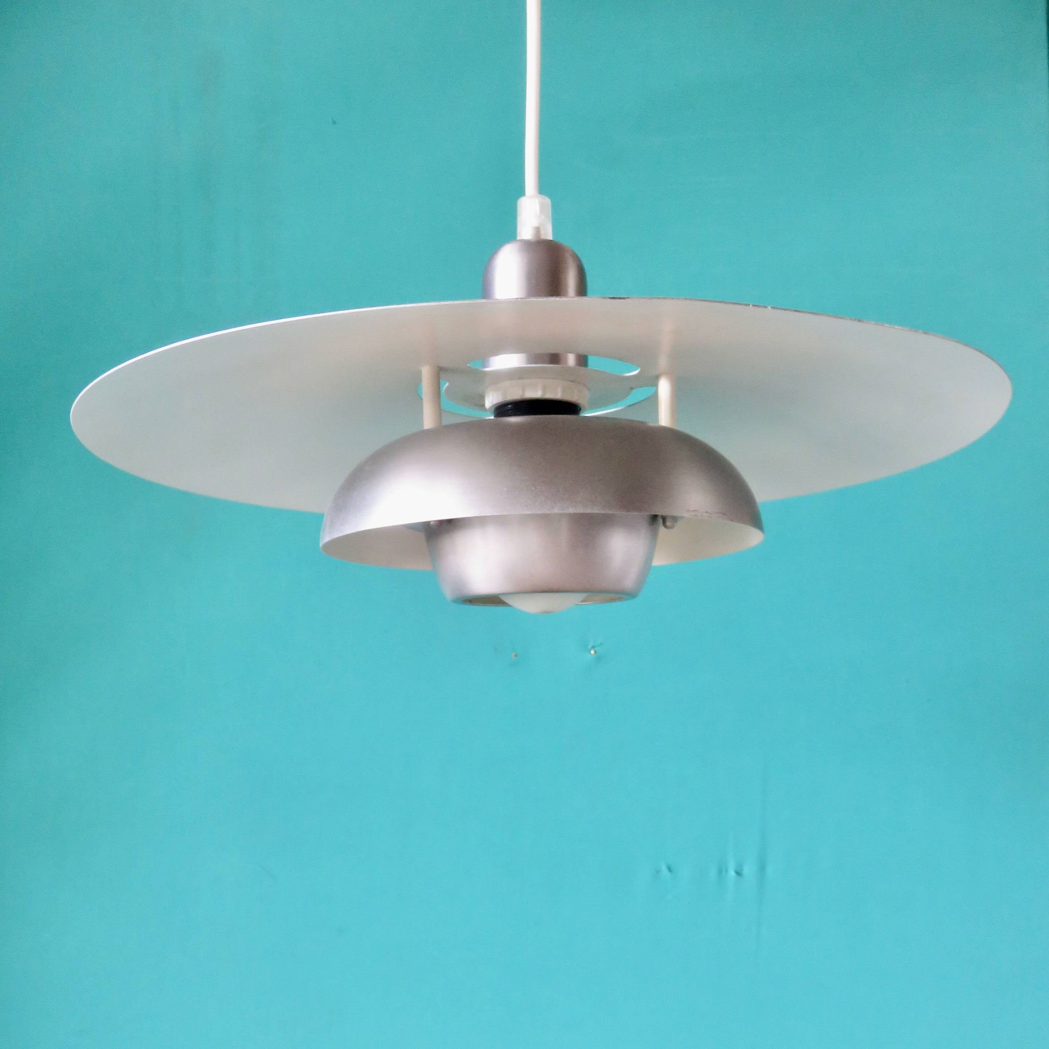 Silver iridescent metal pendant light with a typically Danish design, circa 1975/1980