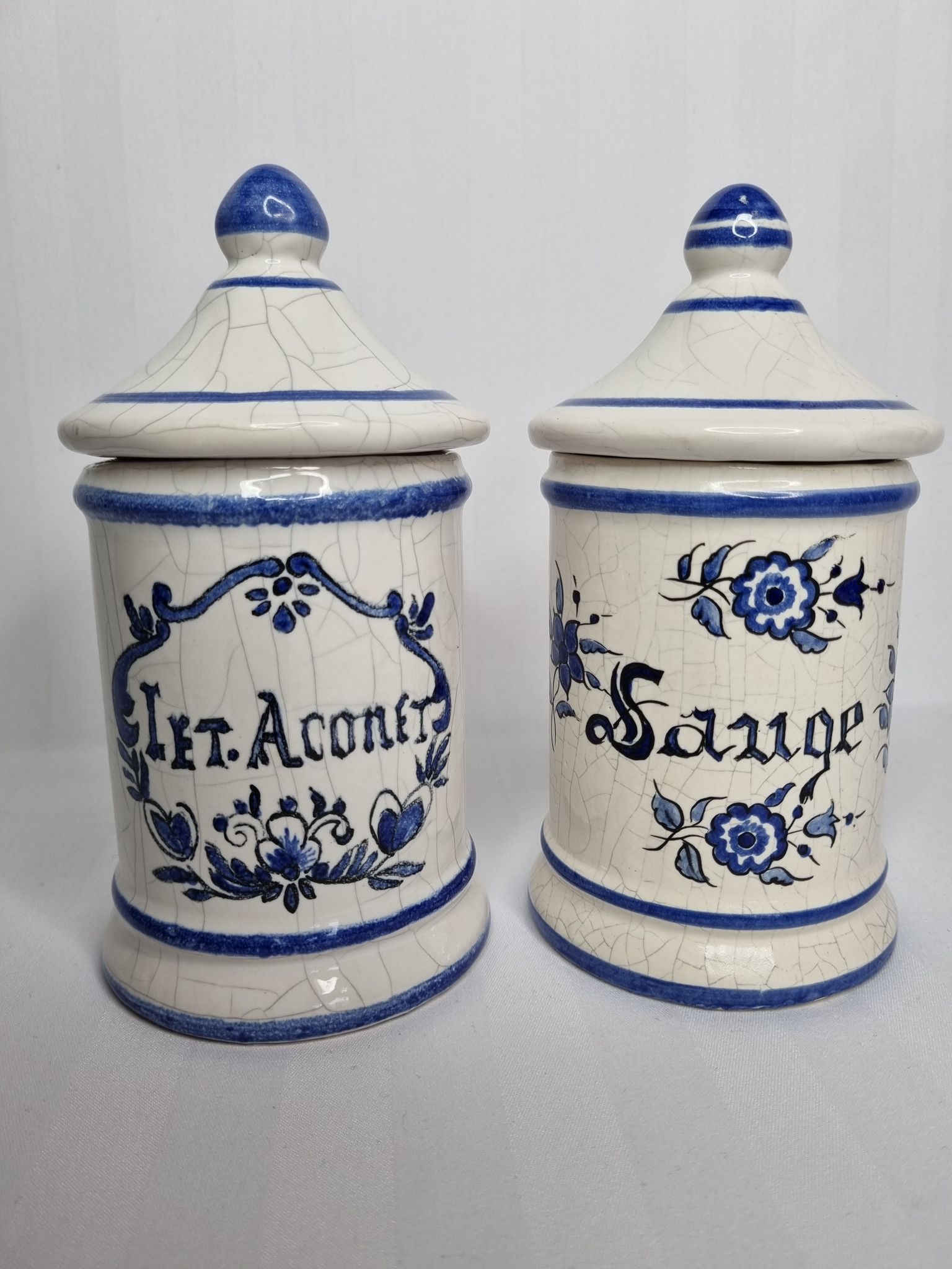 Pair of antique apothecary pots in glazed ceramic, Tuilerie Normande de Bavent