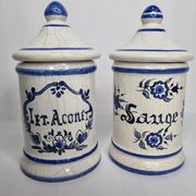 Pair of antique apothecary pots in glazed ceramic, Tuilerie Normande de Bavent