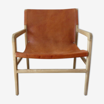 Havana armchair in teak and cowhide leather