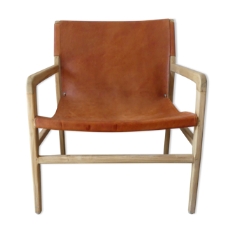 Havana armchair in teak and cowhide leather
