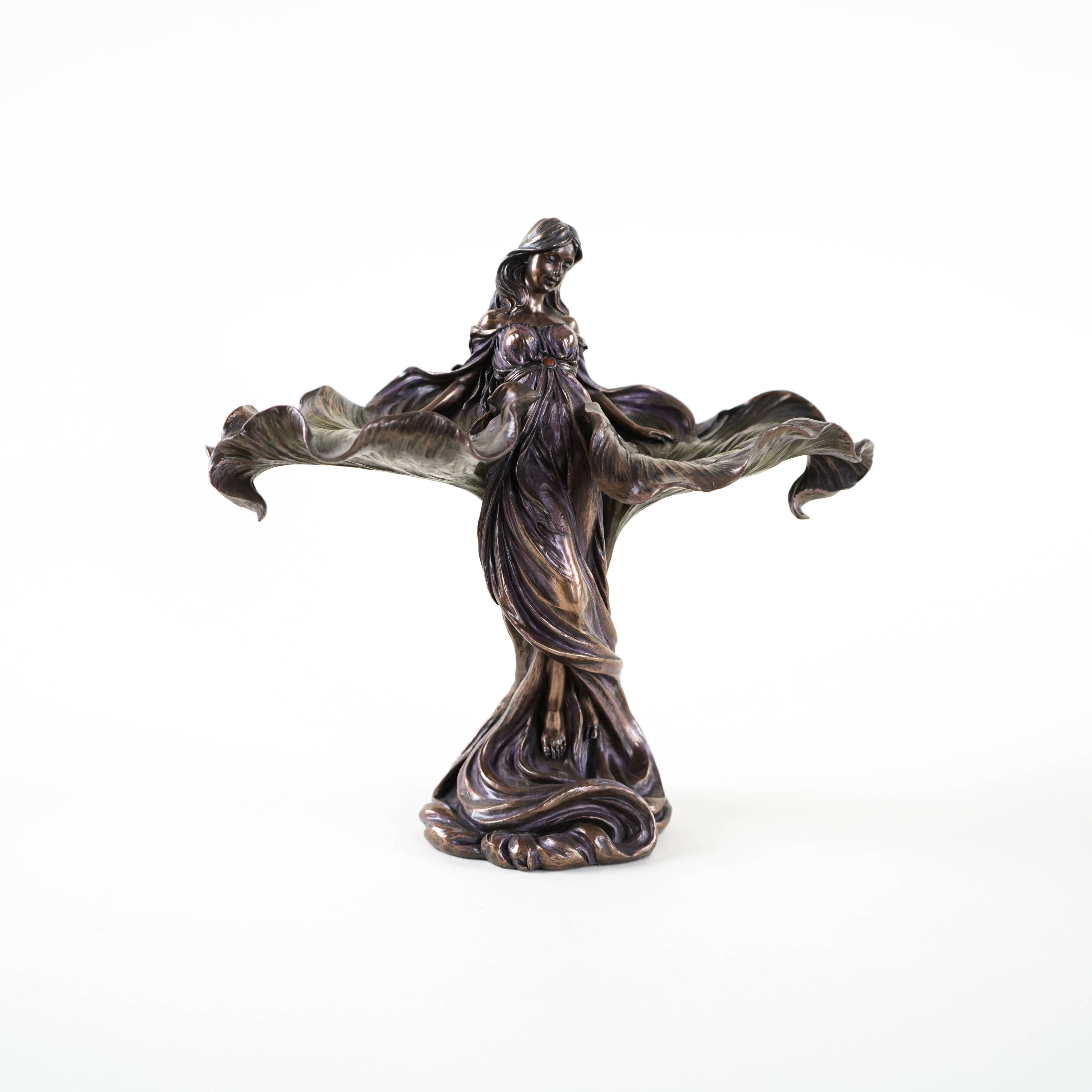 Brass female figurine in Art Deco style with floral motifs, European decorative art