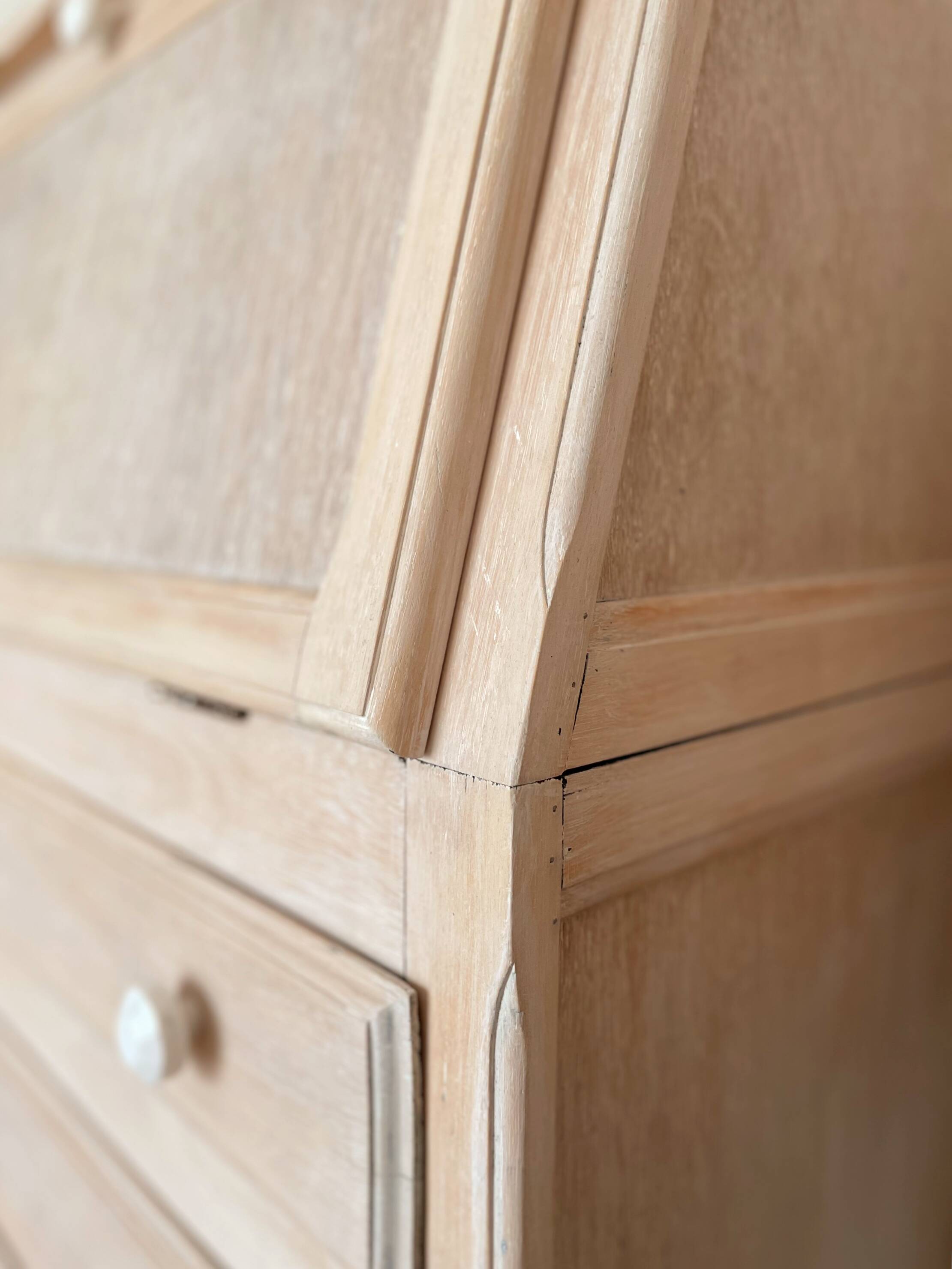Antique donkey back secretary, white patina with a ceruse effect