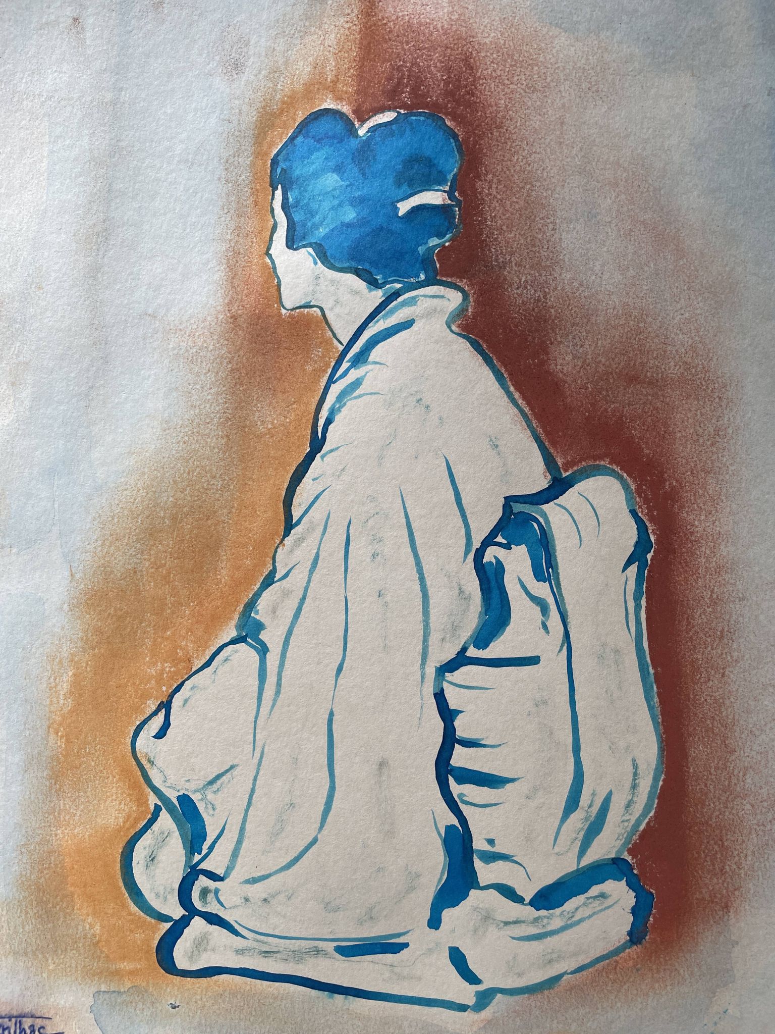 Signed painting pastel and Indian ink female portrait Japan “geisha blue”