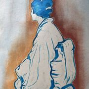 Signed painting pastel and Indian ink female portrait Japan “geisha blue”