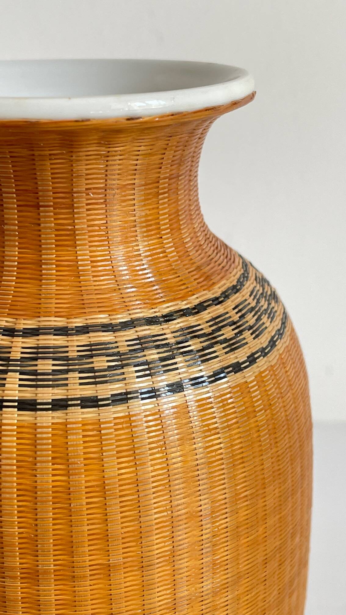VINTAGE Woven Bamboo and Fine Porcelain VASE
