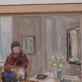 Original Swedish oil on canvas – “Figure in Interior” by Åke Wickström – vintage & framed – 57 × 66 cm