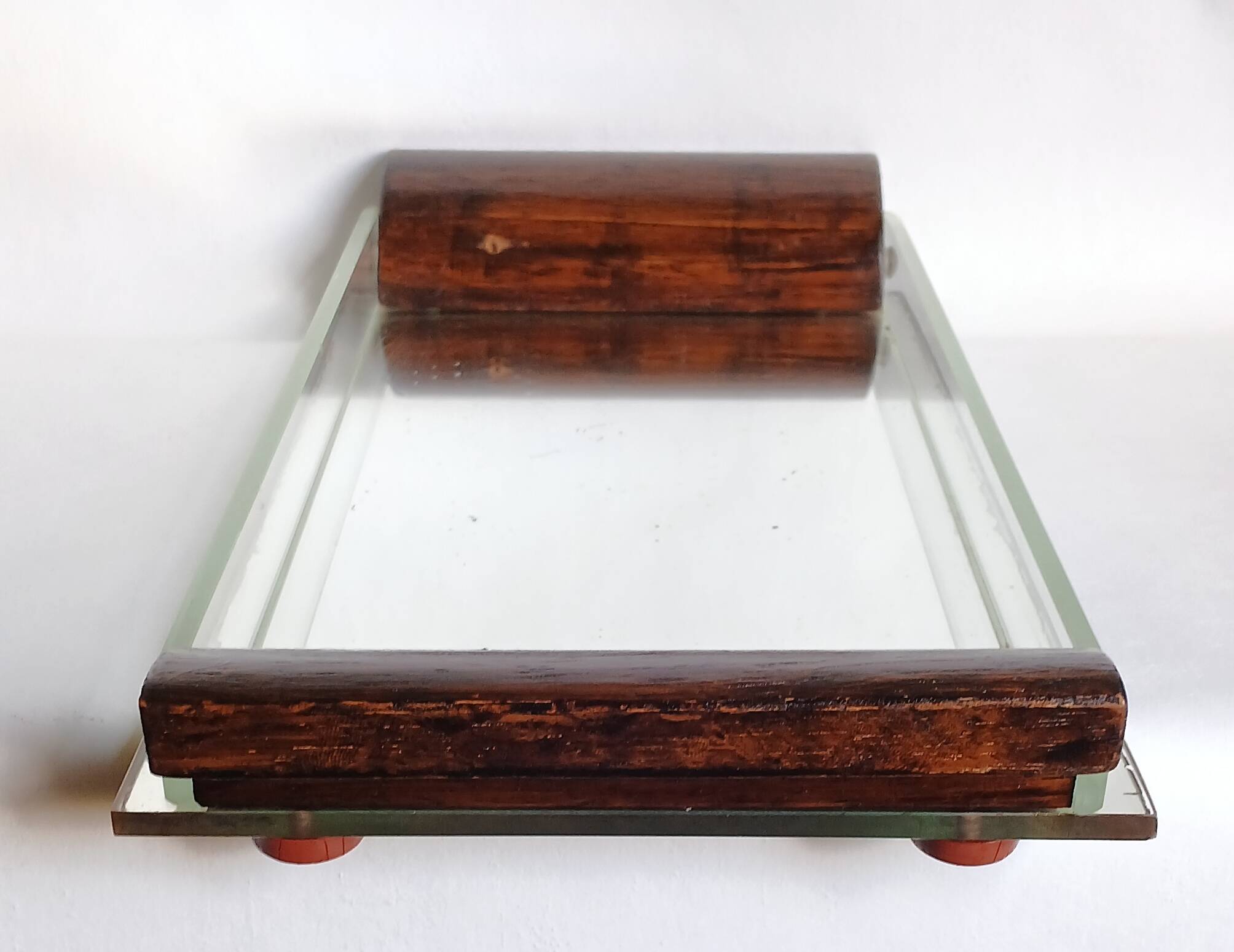 Art Deco mirror, glass & exotic wood courtesy tray. 1930s