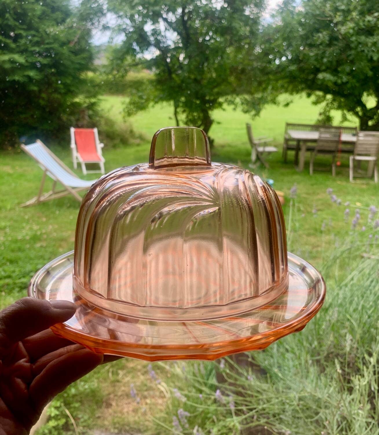 Art Deco pink glass dome cheese plate