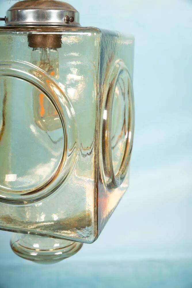 Japandi suspended glass lamp, vintage cubic bohemian glass lamp.